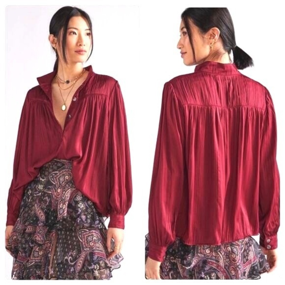 Anthropologie Relaxed Shimmer Satin Blouse Women XS Dark Cherry Boho Minimalist